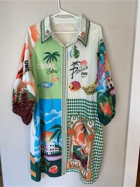 Colorful Tropical Graphic Button-Front Shirt Dress - Green, Blue, Orange